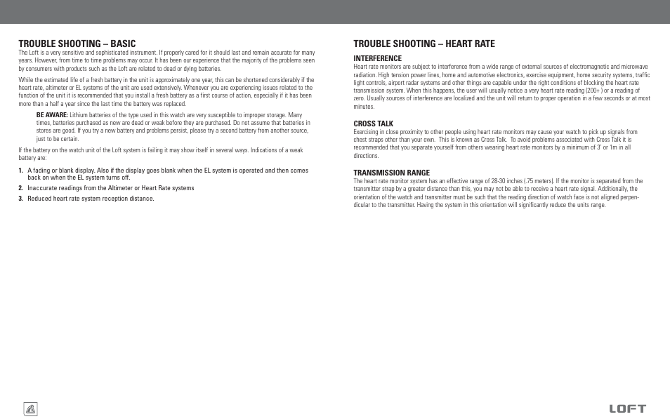 Loft, Troubleshooting trouble shooting – heart rate, Troubleshooting trouble shooting – basic | Highgear Loft User Manual | Page 18 / 19