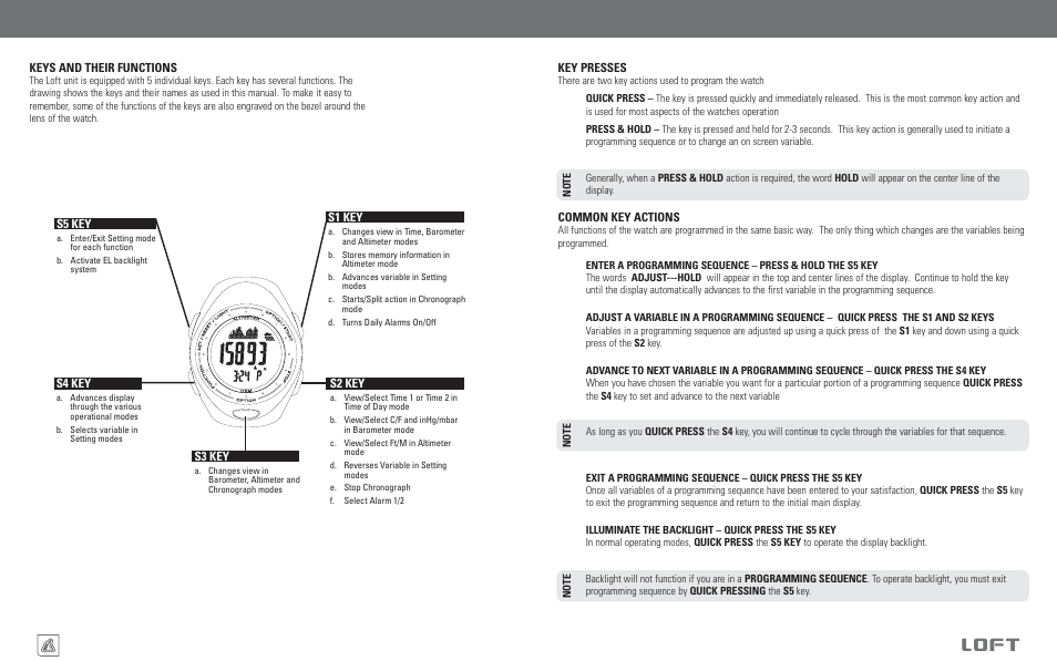 Loft, Programming the watch keys and their functions | Highgear Loft User Manual | Page 7 / 19