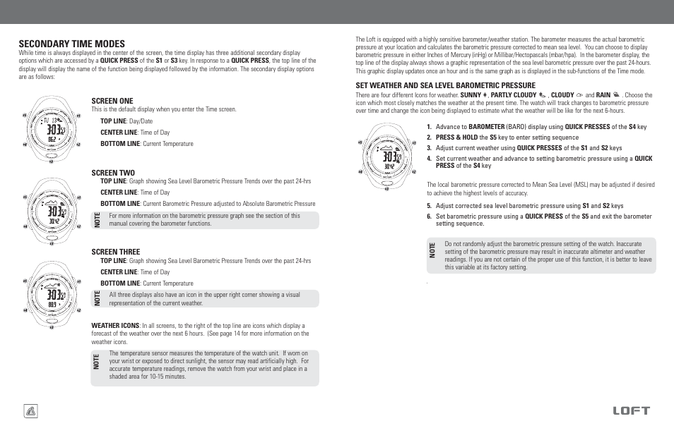 Loft, Barometer functions time functions, Secondary time modes | Highgear Loft User Manual | Page 9 / 19