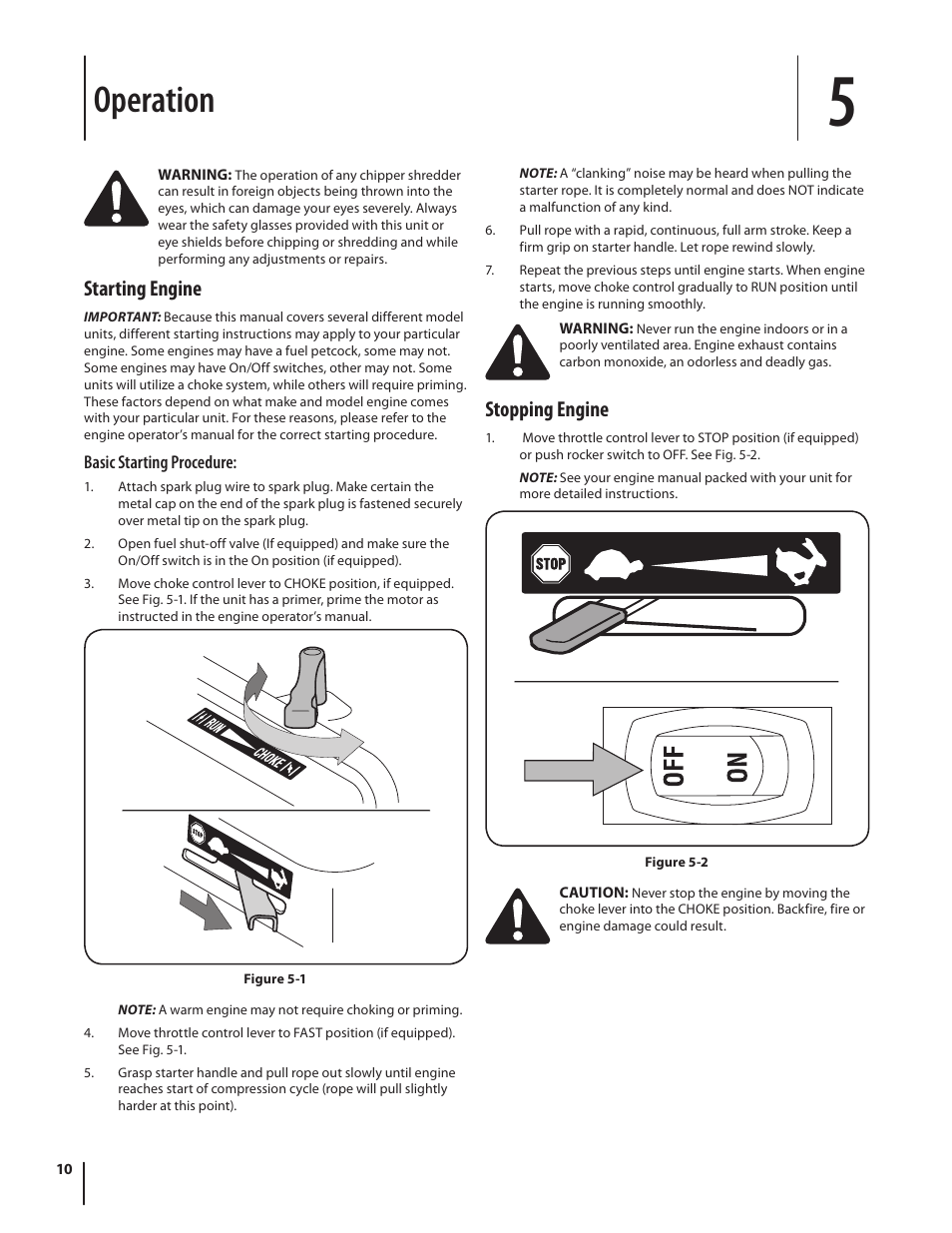 Operation, Starting engine, Stopping engine | Cub Cadet CS 2210 User Manual | Page 10 / 40