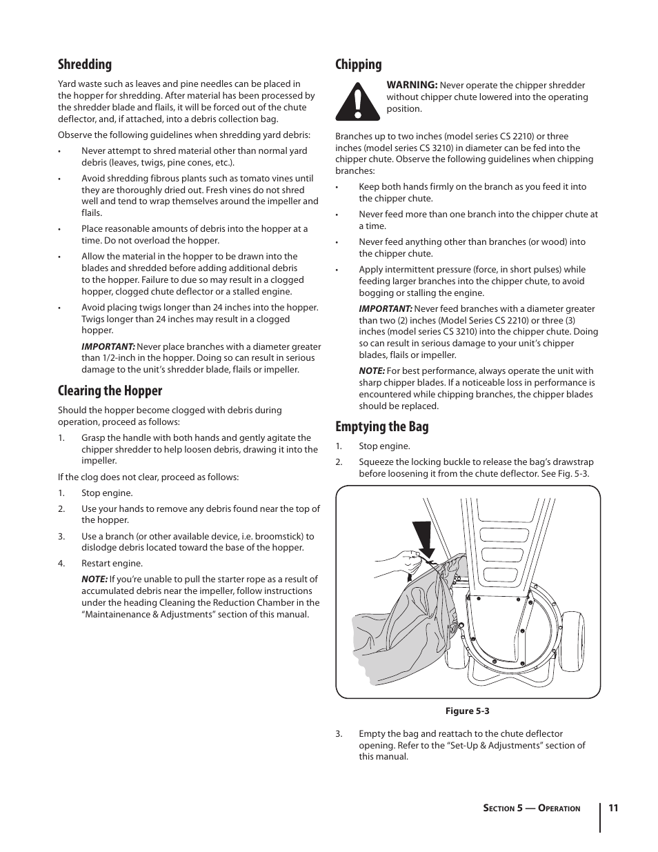 Chipping, Emptying the bag, Shredding | Clearing the hopper | Cub Cadet CS 2210 User Manual | Page 11 / 40