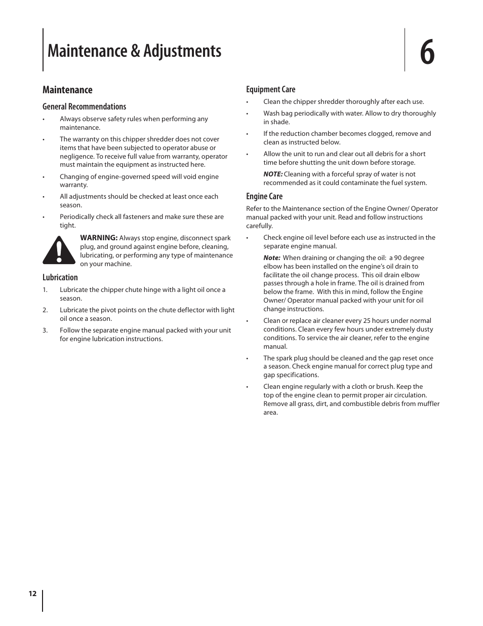 Maintenance & adjustments, Maintenance | Cub Cadet CS 2210 User Manual | Page 12 / 40