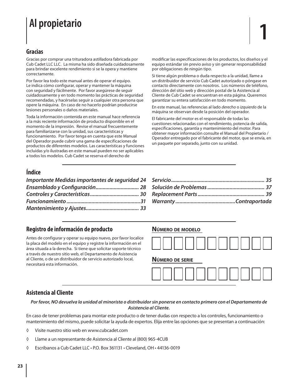 Al propietario, Asistencia al cliente, Gracias | Índice n, Registro de información de producto | Cub Cadet CS 2210 User Manual | Page 23 / 40