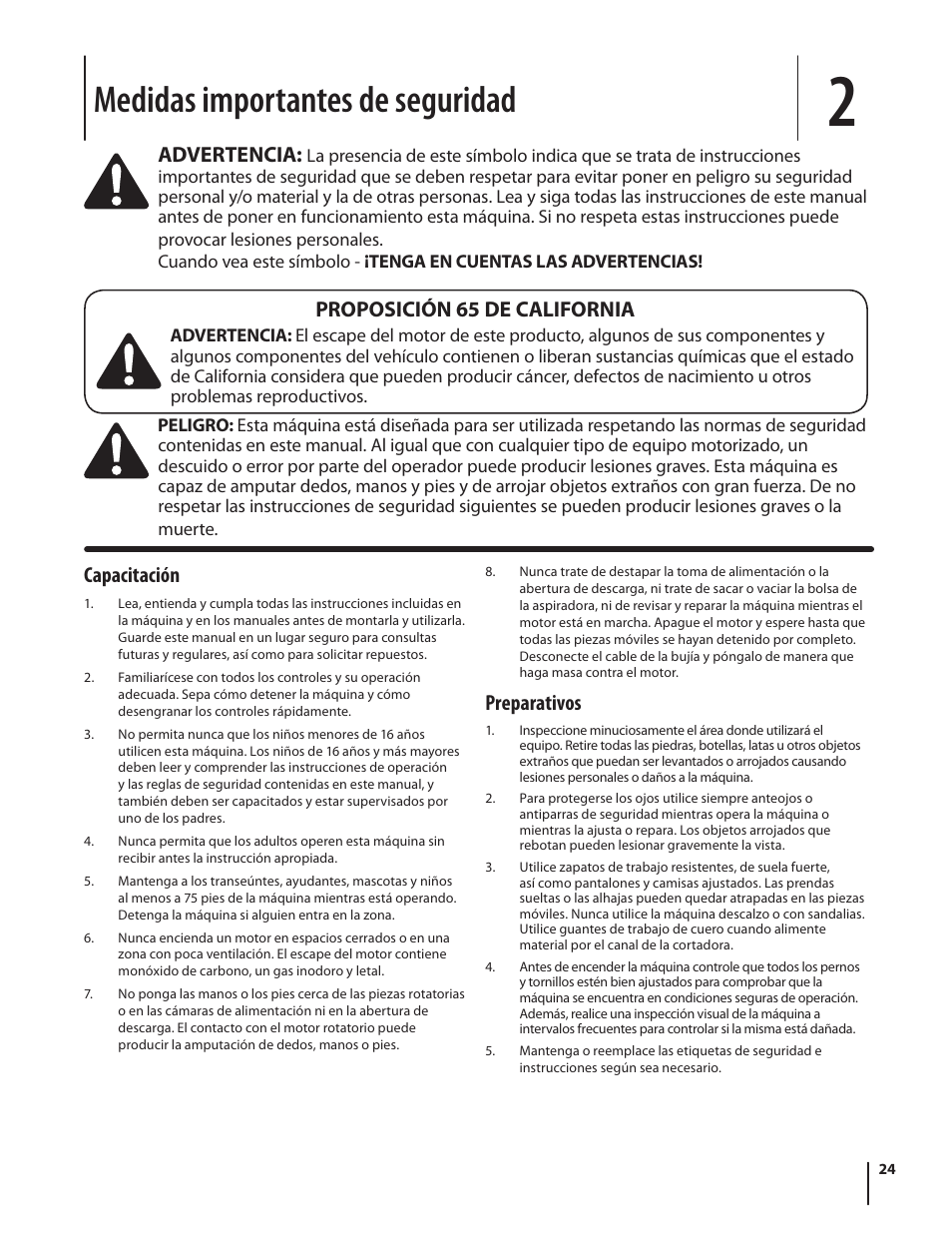 Medidas importantes de seguridad, Advertencia, Capacitación | Preparativos, Proposición 65 de california | Cub Cadet CS 2210 User Manual | Page 24 / 40