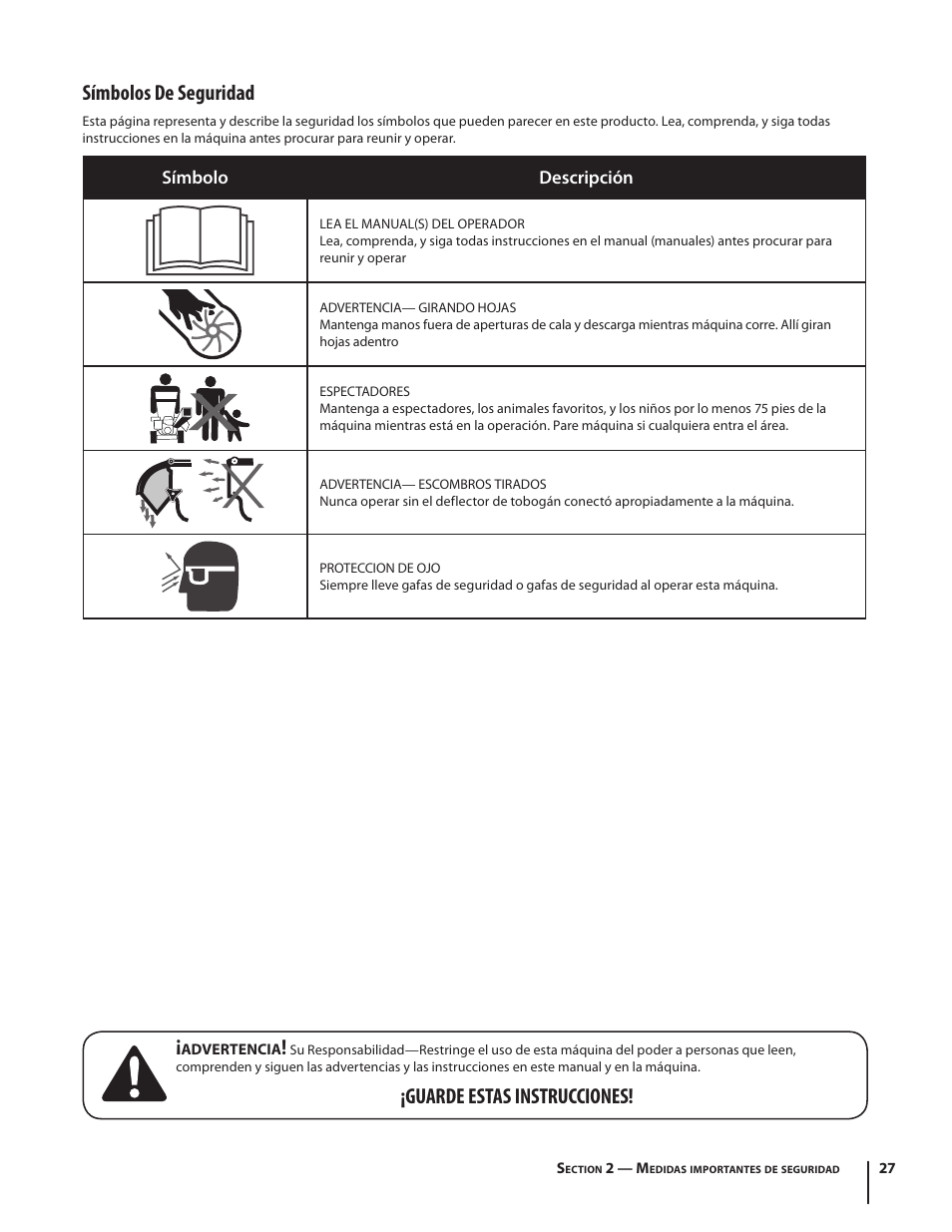 Símbolos de seguridad, Guarde estas instrucciones | Cub Cadet CS 2210 User Manual | Page 27 / 40