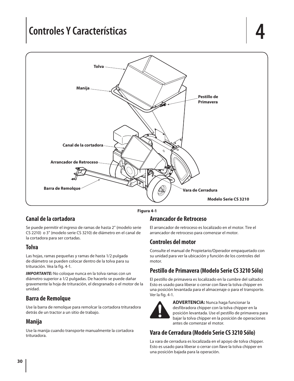 Controles y características, Canal de la cortadora, Tolva | Barra de remolque, Manija, Arrancador de retroceso, Controles del motor, Pestillo de primavera (modelo serie cs 3210 sólo), Vara de cerradura (modelo serie cs 3210 sólo) | Cub Cadet CS 2210 User Manual | Page 30 / 40