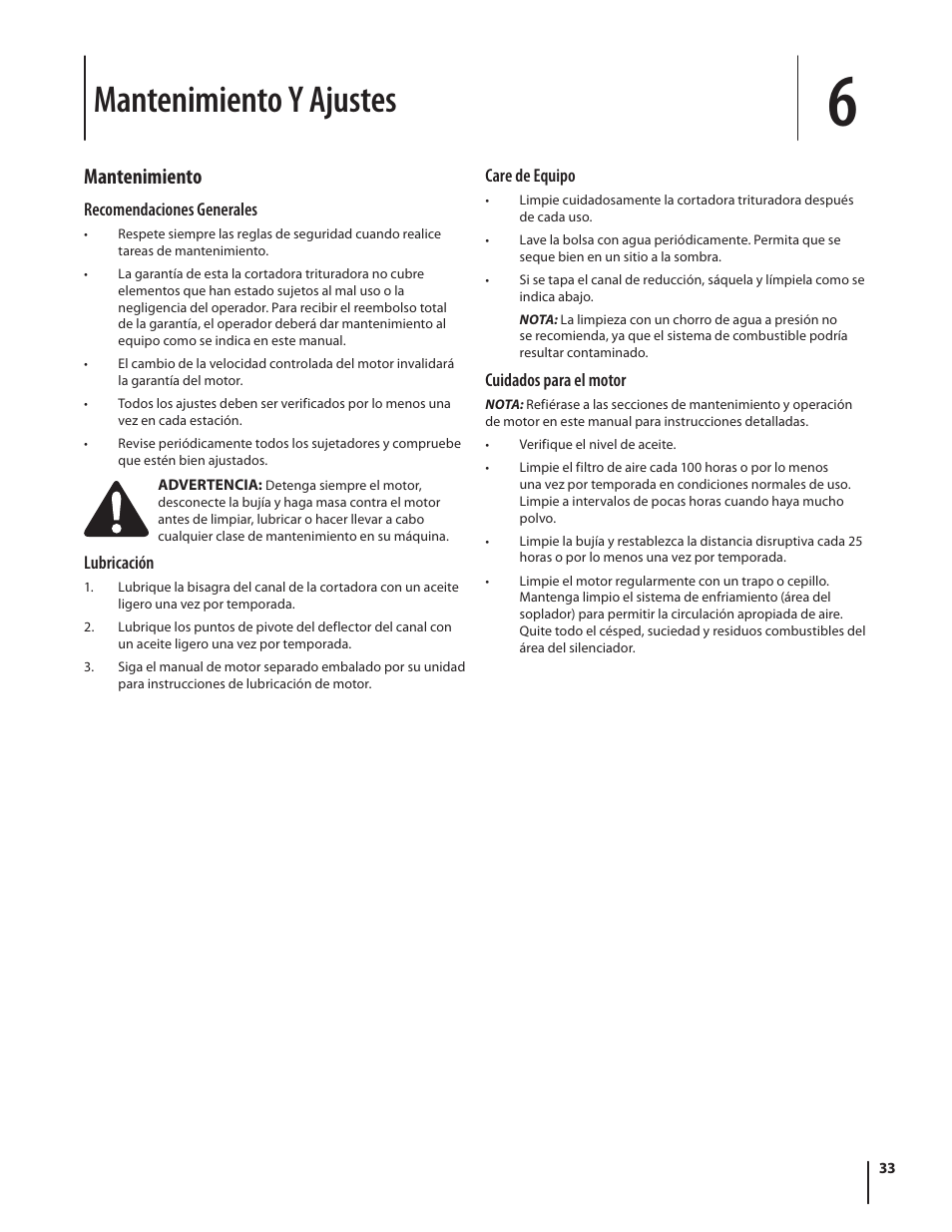 Mantenimiento y ajustes, Mantenimiento | Cub Cadet CS 2210 User Manual | Page 33 / 40