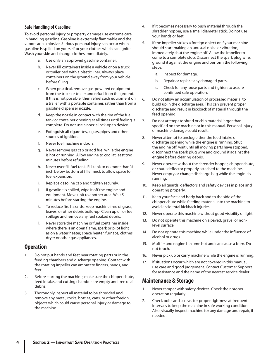 Operation, Maintenance & storage, Safe handling of gasoline | Cub Cadet CS 2210 User Manual | Page 4 / 40
