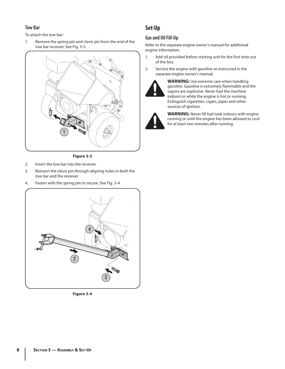 Set-up, Gas and oil fill-up, Tow bar | Cub Cadet CS 2210 User Manual | Page 8 / 40