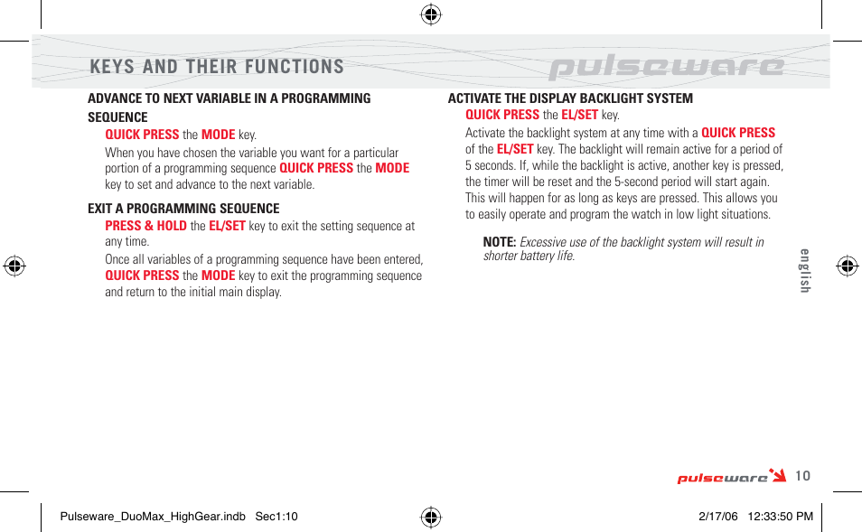 Keys and their functions | Highgear PulseWare Duo User Manual | Page 11 / 36