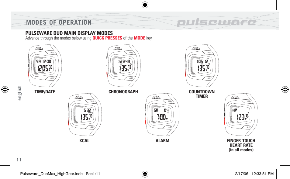 Modes of operation | Highgear PulseWare Duo User Manual | Page 12 / 36