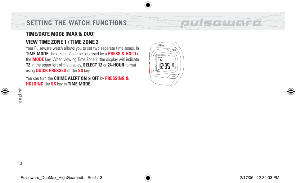 Setting the watch functions | Highgear PulseWare Duo User Manual | Page 14 / 36