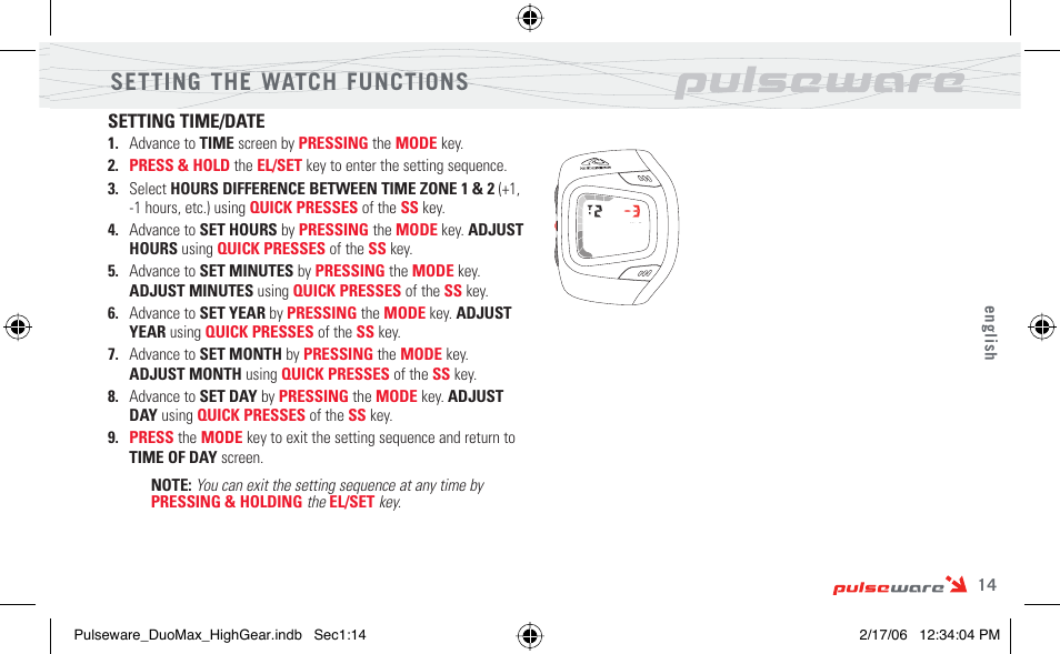 Setting the watch functions | Highgear PulseWare Duo User Manual | Page 15 / 36