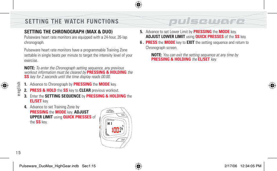 Setting the watch functions | Highgear PulseWare Duo User Manual | Page 16 / 36