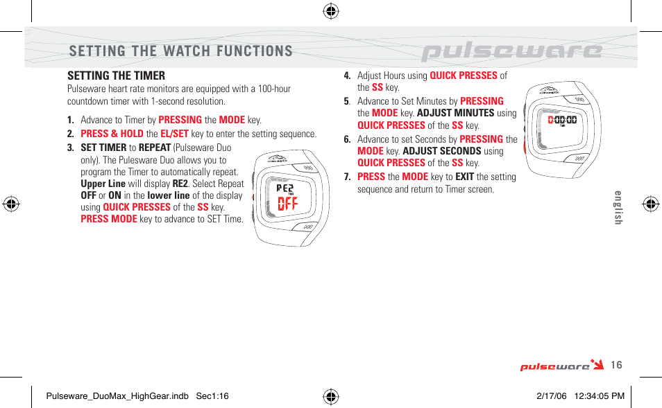 Setting the watch functions | Highgear PulseWare Duo User Manual | Page 17 / 36