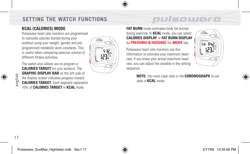 Setting the watch functions | Highgear PulseWare Duo User Manual | Page 18 / 36