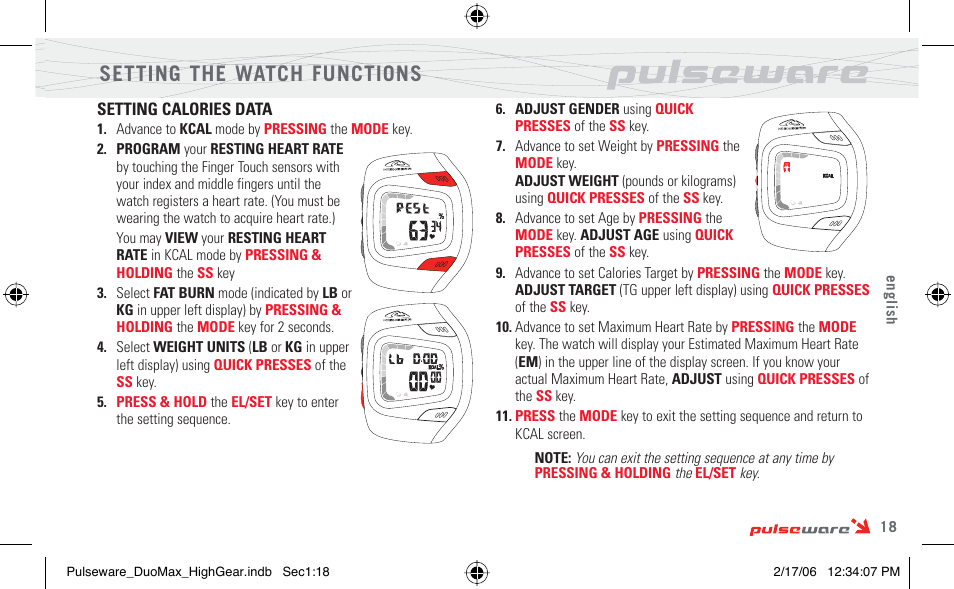Setting the watch functions | Highgear PulseWare Duo User Manual | Page 19 / 36