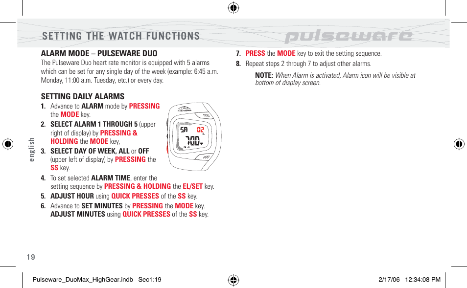 Setting the watch functions | Highgear PulseWare Duo User Manual | Page 20 / 36
