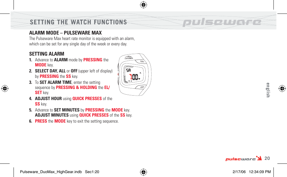 Setting the watch functions | Highgear PulseWare Duo User Manual | Page 21 / 36