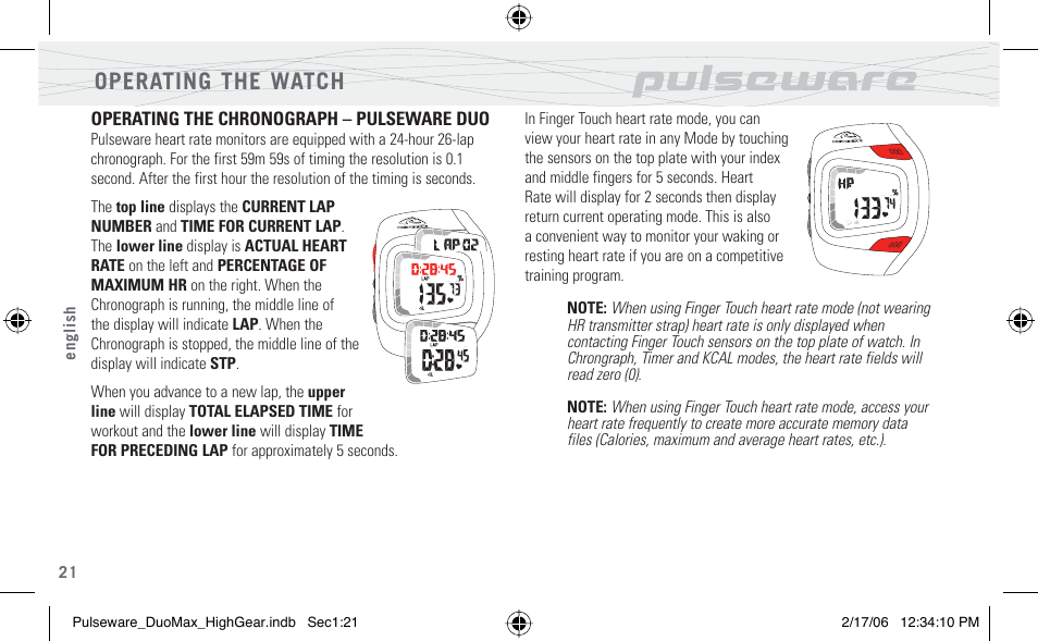 Operating the watch | Highgear PulseWare Duo User Manual | Page 22 / 36