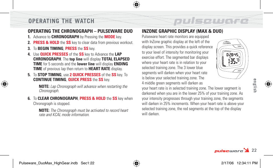 Operating the watch | Highgear PulseWare Duo User Manual | Page 23 / 36