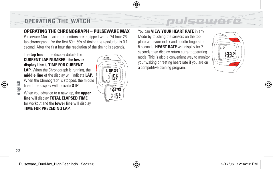 Operating the watch | Highgear PulseWare Duo User Manual | Page 24 / 36