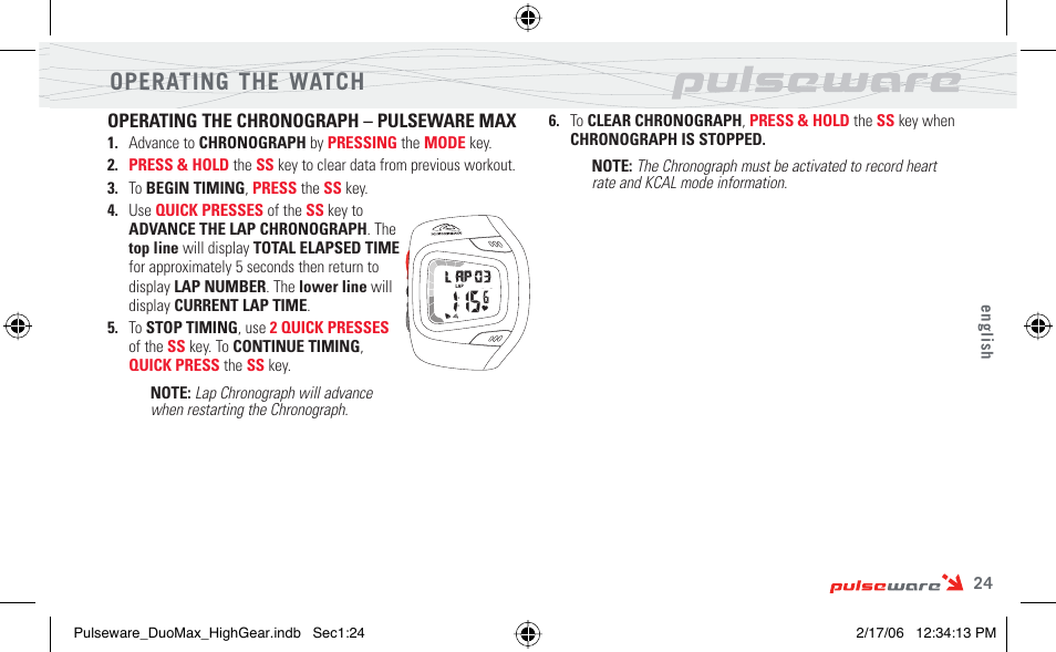 Operating the watch | Highgear PulseWare Duo User Manual | Page 25 / 36