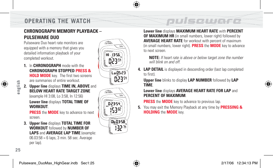 Operating the watch | Highgear PulseWare Duo User Manual | Page 26 / 36