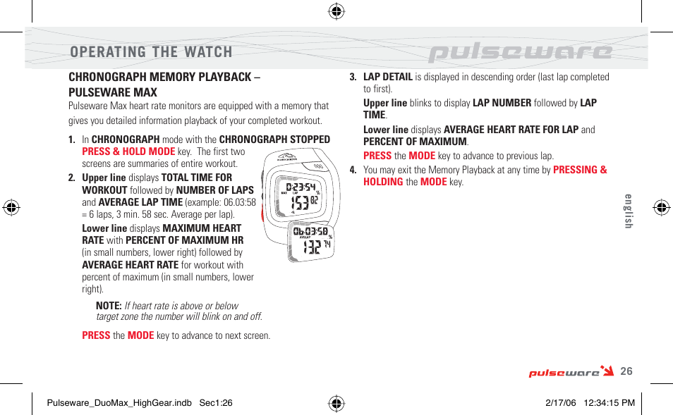 Operating the watch | Highgear PulseWare Duo User Manual | Page 27 / 36