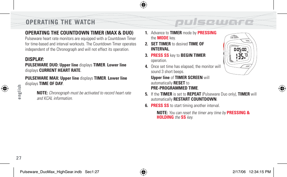 Operating the watch | Highgear PulseWare Duo User Manual | Page 28 / 36