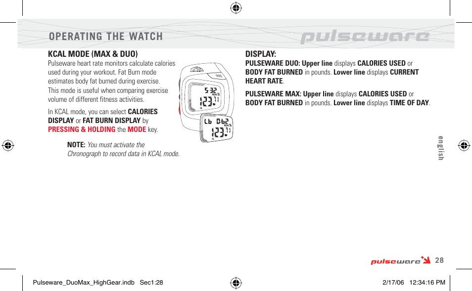 Operating the watch | Highgear PulseWare Duo User Manual | Page 29 / 36