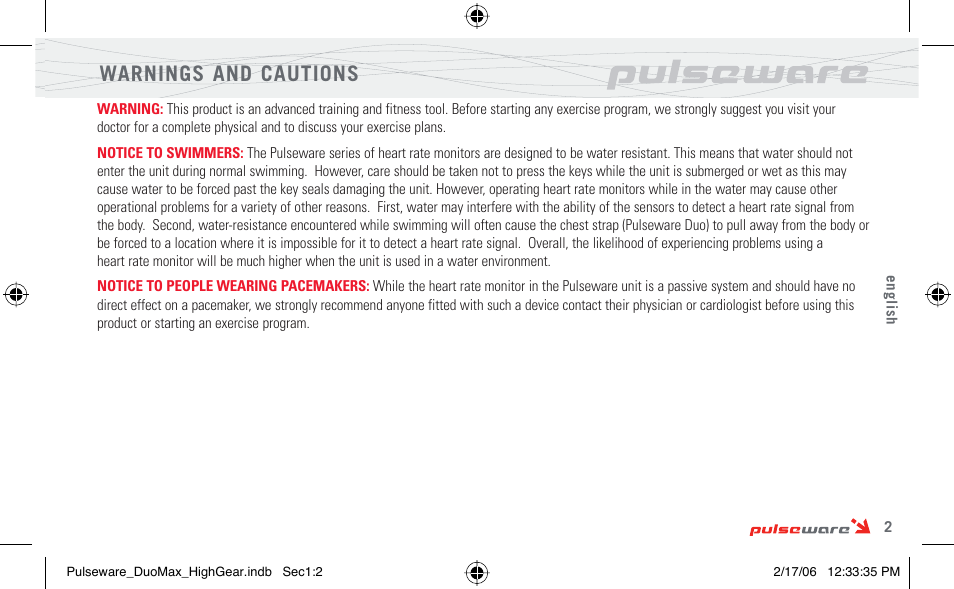 Warnings and cautions | Highgear PulseWare Duo User Manual | Page 3 / 36