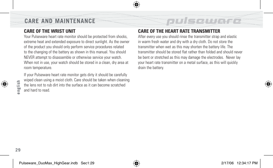 Care and maintenance | Highgear PulseWare Duo User Manual | Page 30 / 36