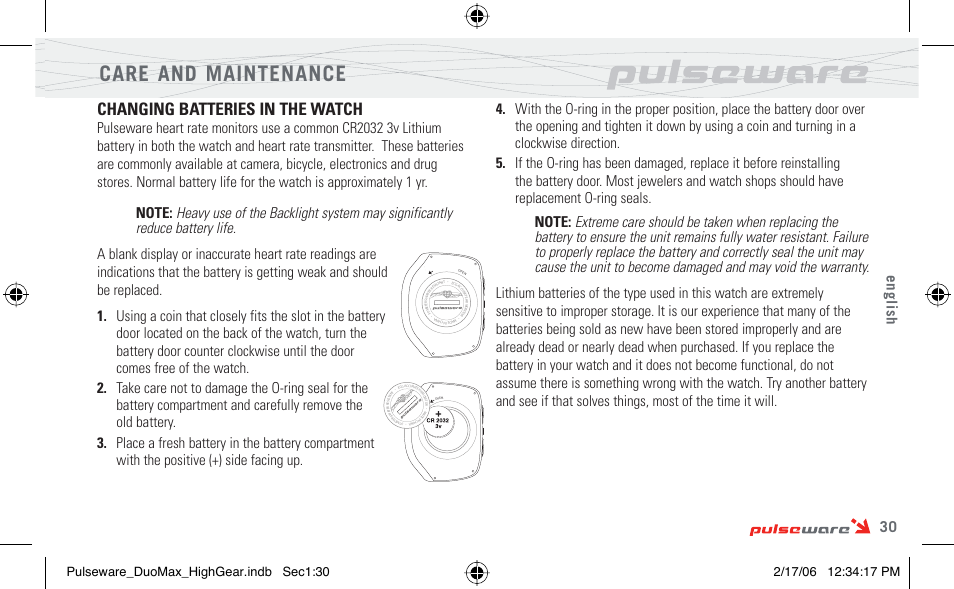 Care and maintenance, Changing batteries in the watch, 30 english | Pulseware_duomax_highgear.indb sec1:30 | Highgear PulseWare Duo User Manual | Page 31 / 36