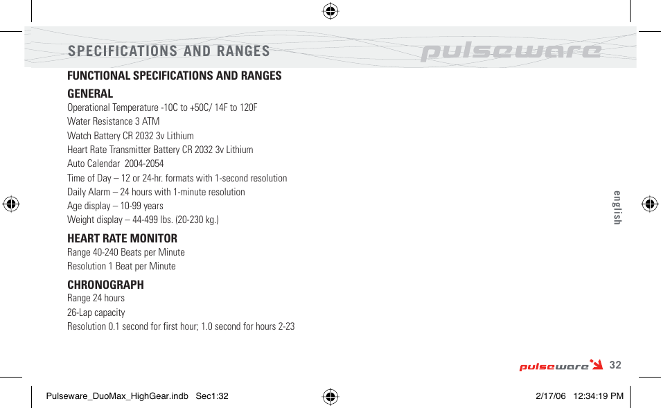Specifications and ranges | Highgear PulseWare Duo User Manual | Page 33 / 36