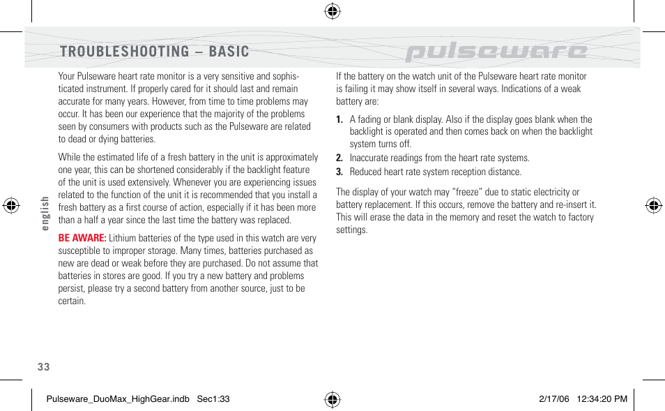 Troubleshooting – basic | Highgear PulseWare Duo User Manual | Page 34 / 36