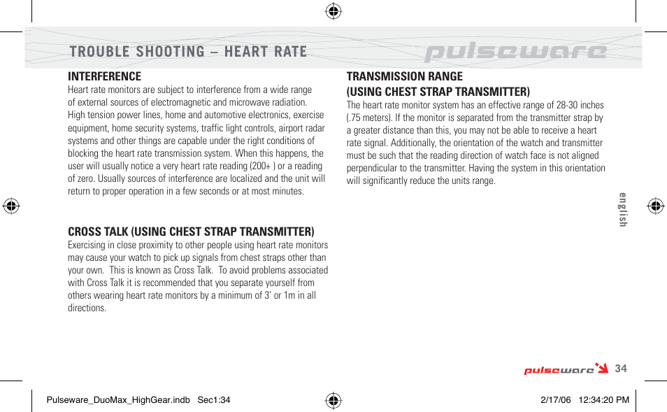 Trouble shooting – heart rate | Highgear PulseWare Duo User Manual | Page 35 / 36
