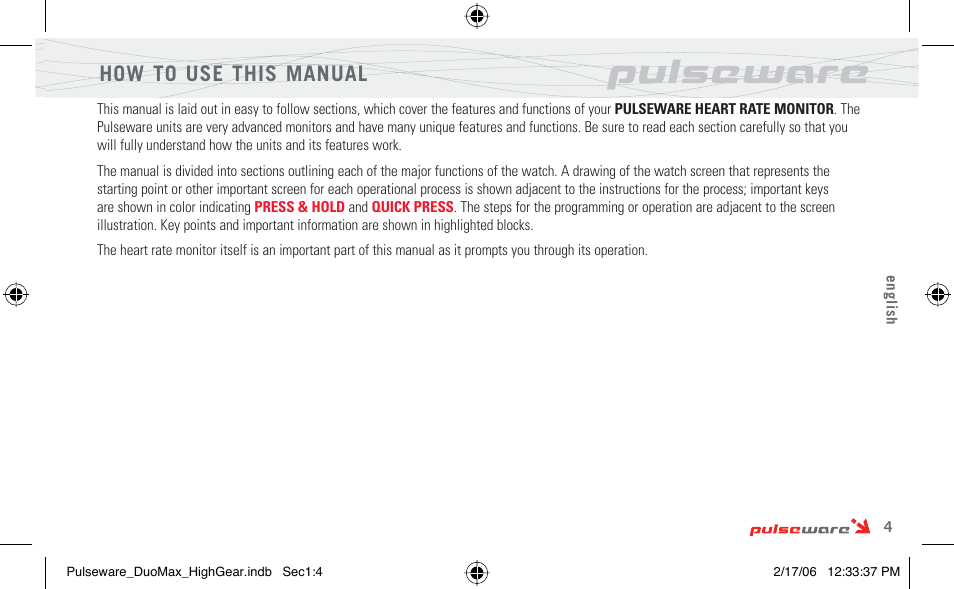 How to use this manual | Highgear PulseWare Duo User Manual | Page 5 / 36