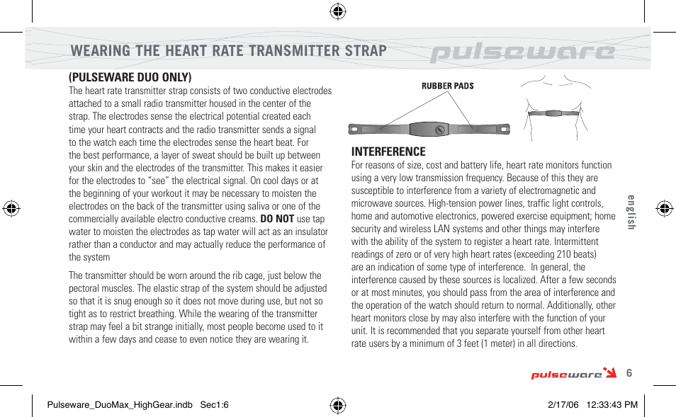 Wearing the heart rate transmitter strap | Highgear PulseWare Duo User Manual | Page 7 / 36