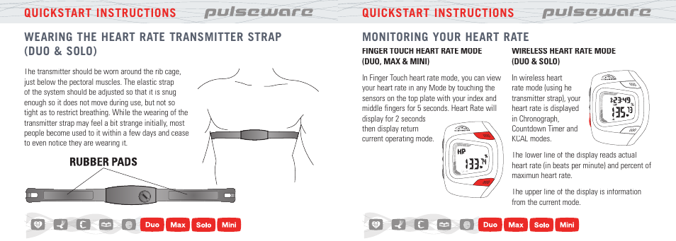 Quickstart instructions, Monitoring your heart rate | Highgear PulseWare Duo Quick Start User Manual | Page 2 / 2