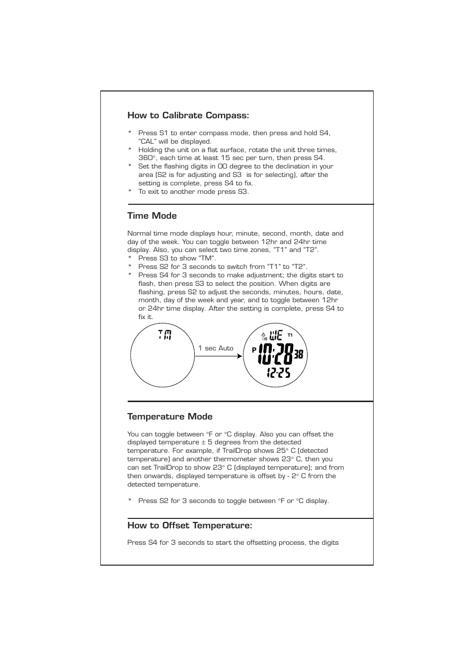 How to calibrate compass, Time mode, Temperature mode | How to offset temperature | Highgear TechTrail 3 User Manual | Page 7 / 9