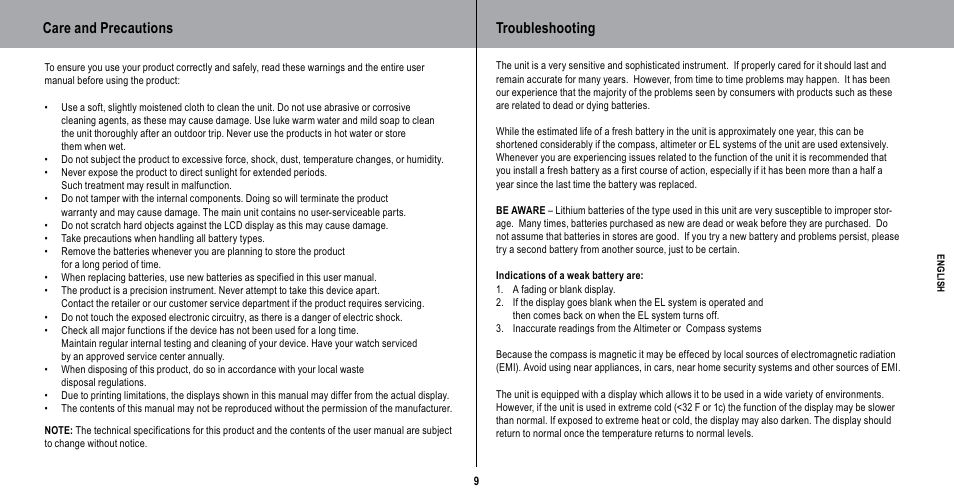 Care and precautions, Troubleshooting | Highgear TerraPod User Manual | Page 10 / 11