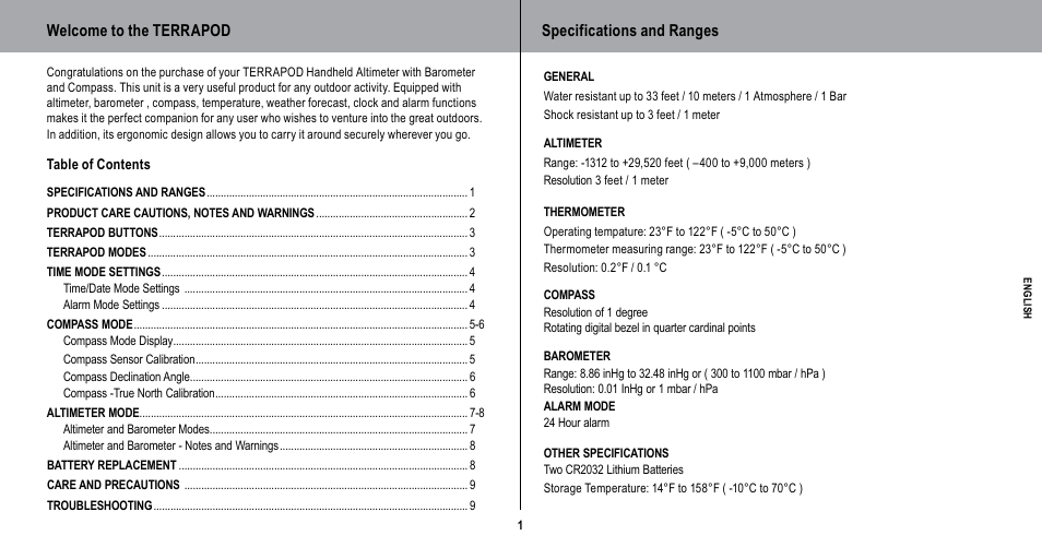 Welcome to the terrapod, Specifications and ranges | Highgear TerraPod User Manual | Page 2 / 11