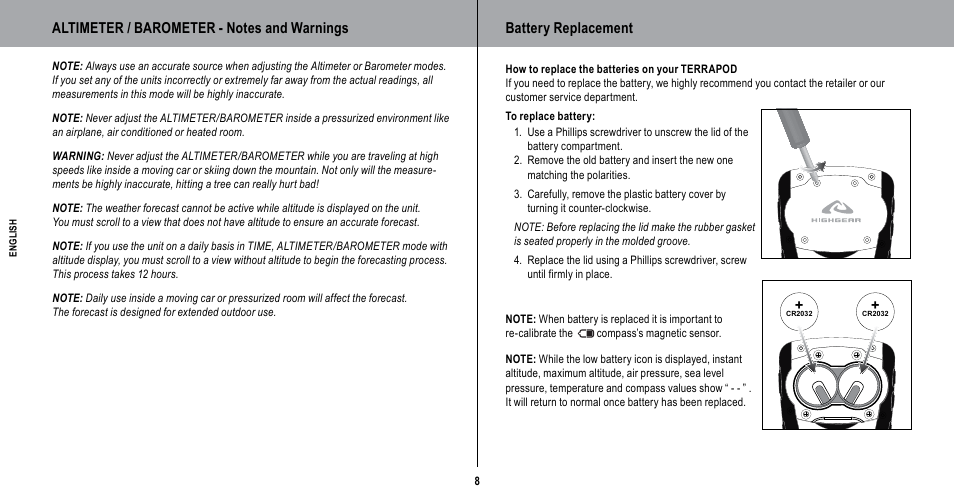 Battery replacement | Highgear TerraPod User Manual | Page 9 / 11