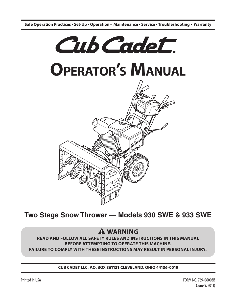 Cub Cadet TWO STAGE SNOW THROWER 930 SWE User Manual | 28 pages