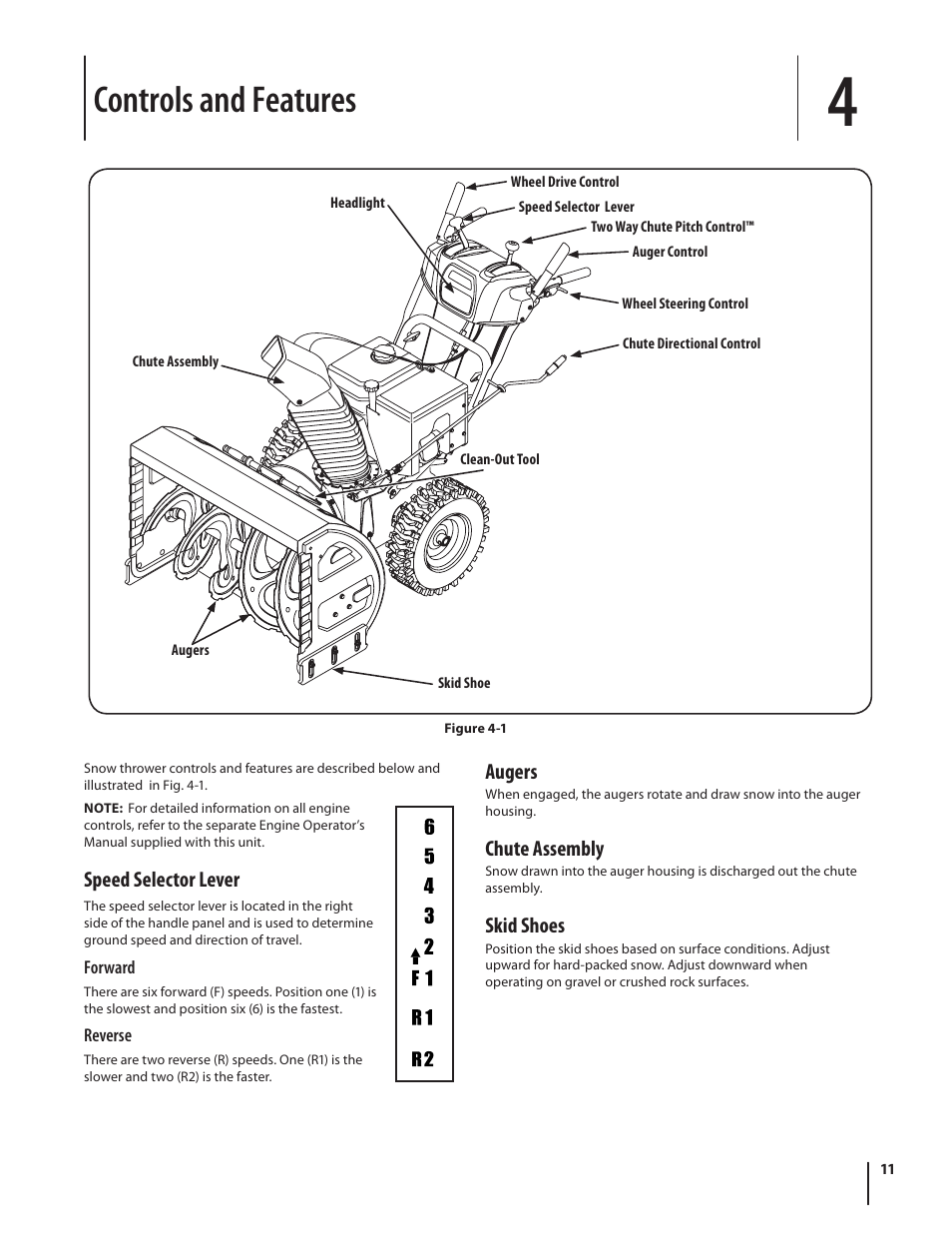Controls and features, Speed selector lever, Augers | Chute assembly, Skid shoes | Cub Cadet TWO STAGE SNOW THROWER 930 SWE User Manual | Page 11 / 28