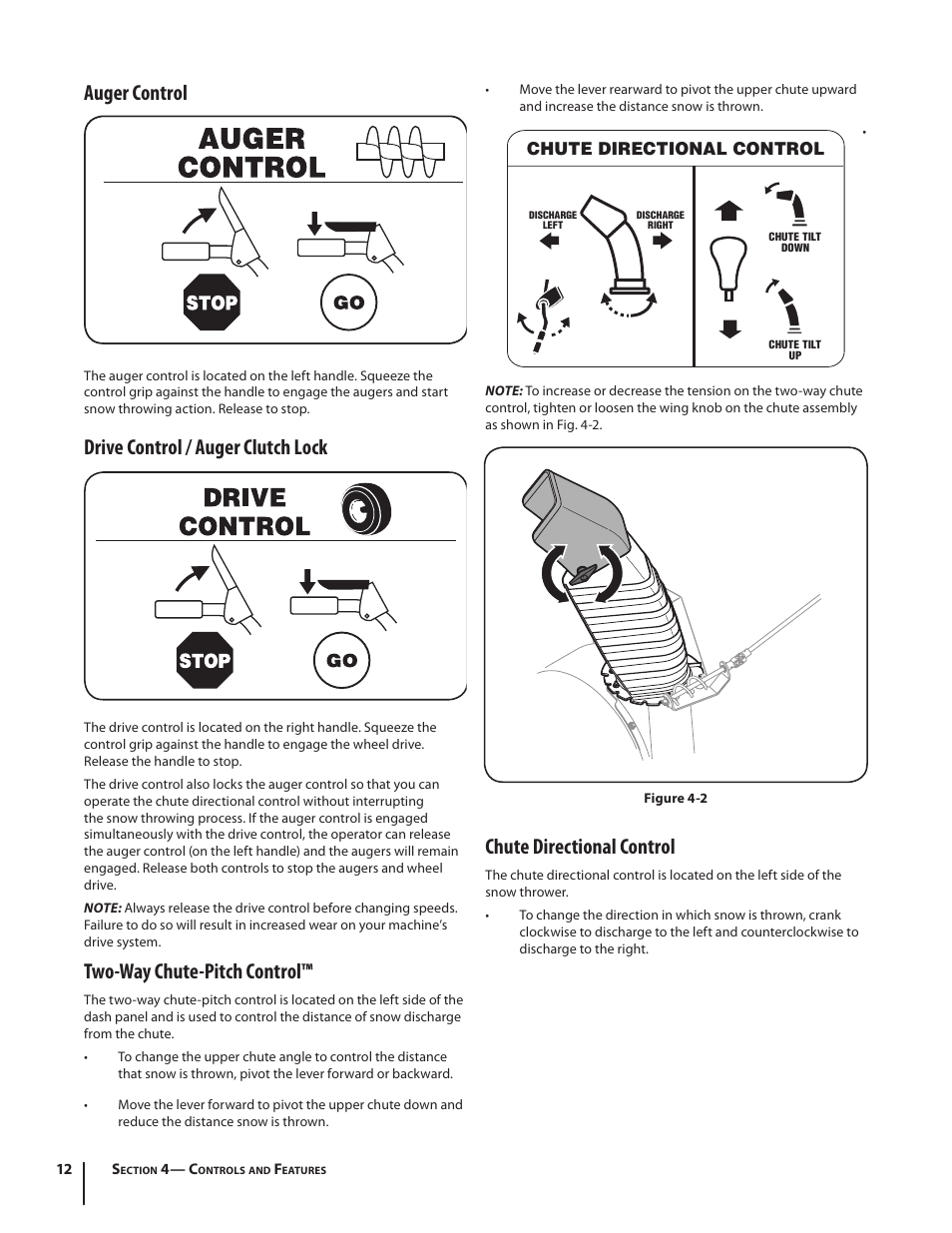 Auger control, Drive control / auger clutch lock, Two-way chute-pitch control | Chute directional control | Cub Cadet TWO STAGE SNOW THROWER 930 SWE User Manual | Page 12 / 28