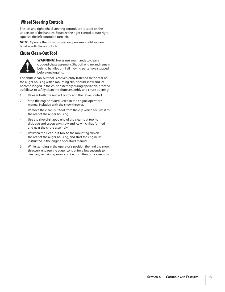 Wheel steering controls, Chute clean-out tool | Cub Cadet TWO STAGE SNOW THROWER 930 SWE User Manual | Page 13 / 28