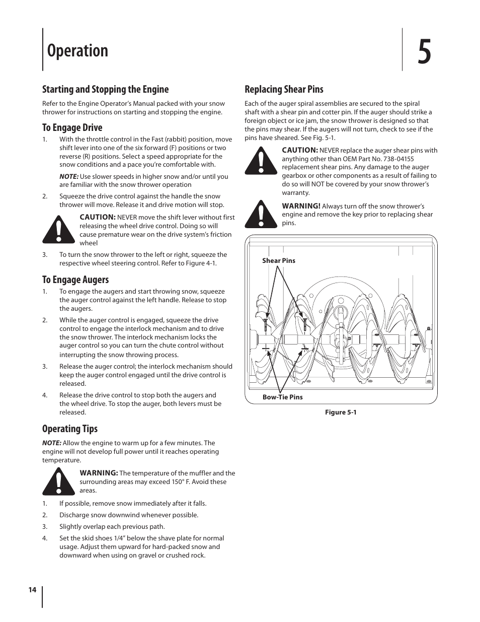 Operation, Starting and stopping the engine, Operating tips | Replacing shear pins | Cub Cadet TWO STAGE SNOW THROWER 930 SWE User Manual | Page 14 / 28