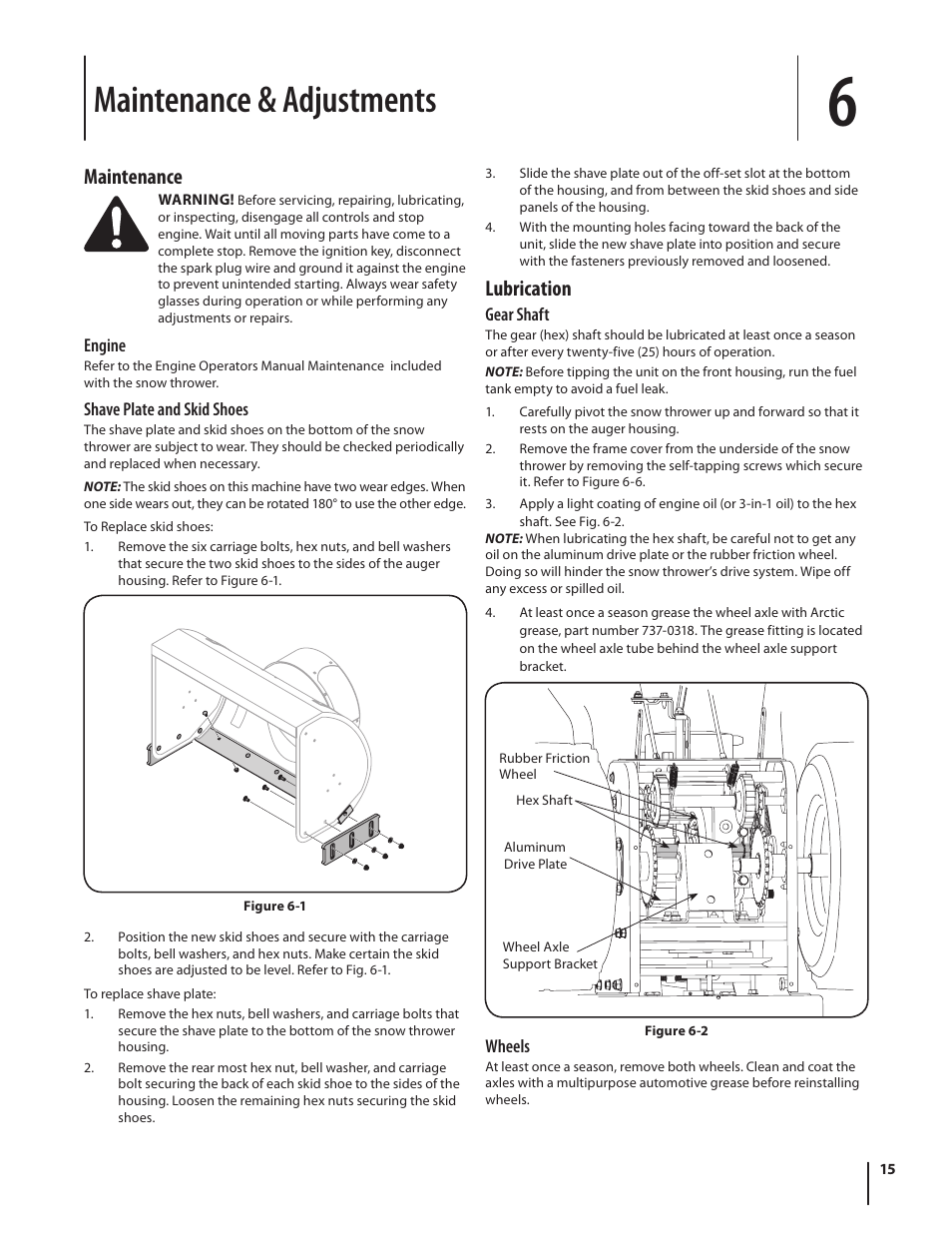 Maintenance & adjustments, Lubrication, Maintenance | Cub Cadet TWO STAGE SNOW THROWER 930 SWE User Manual | Page 15 / 28